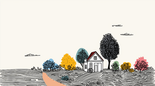 Papier peint paysage pastoral Maison stylisée au milieu d'un paysage coloré