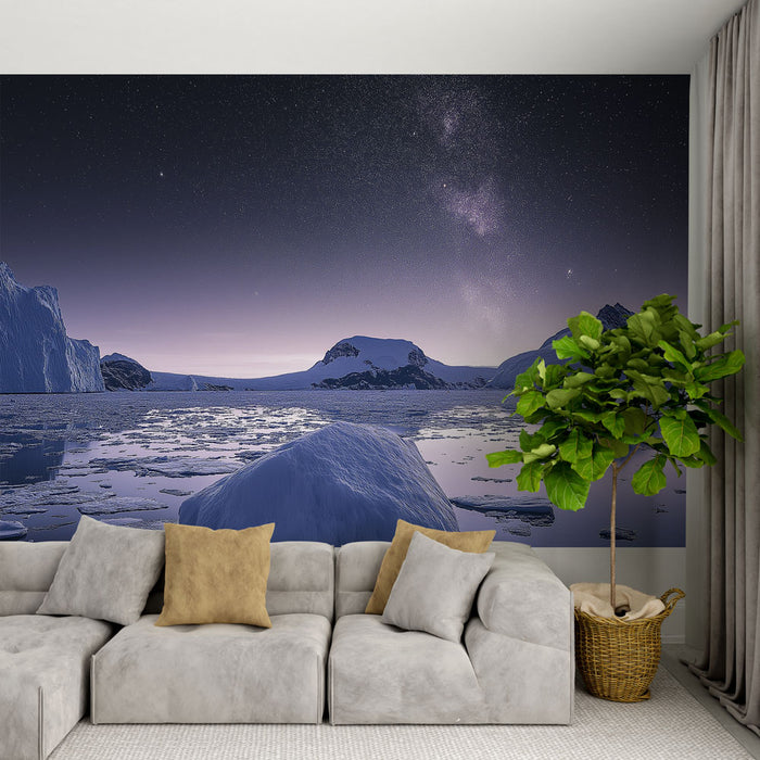 Papier peint paysage polaire avec glaces majestueuses sous un ciel étoilé pour salon moderne