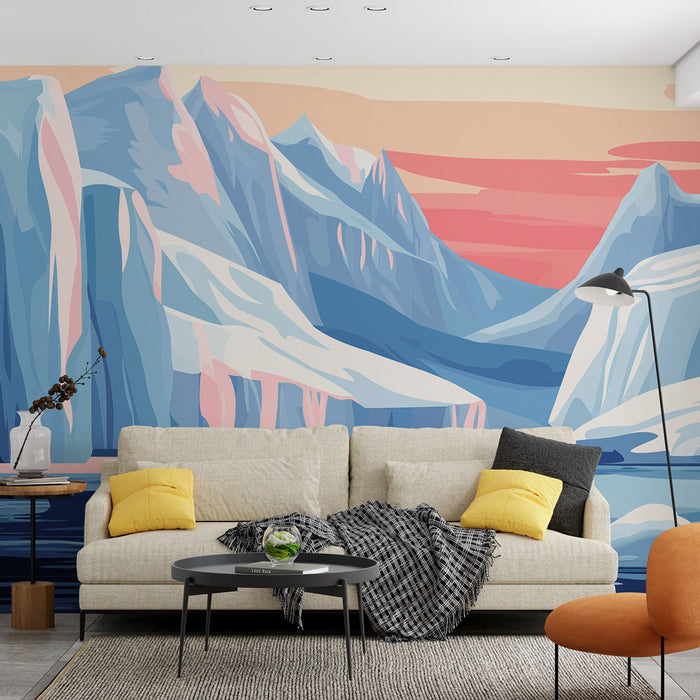 Papier peint paysage polaire avec montagnes glacées sous un ciel pastel pour salon moderne