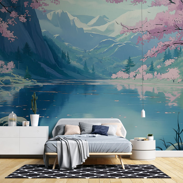 Une chambre apaisante avec un papier peint représentant un paysage lacustre, des montagnes et des cerisiers en fleurs aux teintes douces et naturelles.