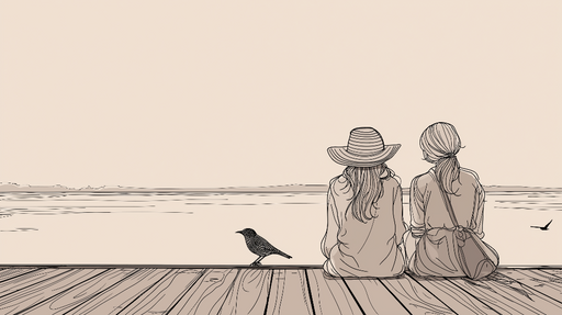 Papier peint paysage relaxant Silhouette de deux jeunes femmes admirant un paysage paisible