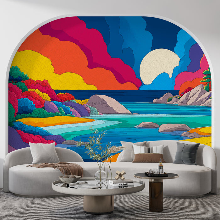 Un salon moderne avec un papier peint coloré représentant un paysage côtier vibrant, mêlant des teintes de bleu, rose et orange, créant une atmosphère joyeuse et dynamique.