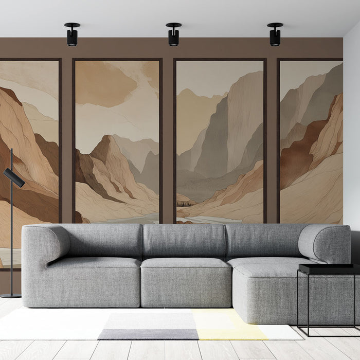 Un salon moderne avec un papier peint représentant des paysages montagneux aux teintes brunes et beige, créant une atmosphère chaleureuse et apaisante.