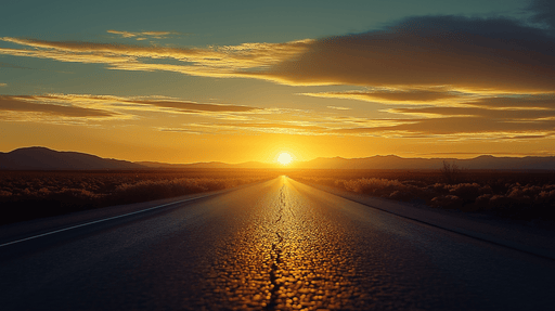 Papier peint paysage Route déserte au coucher de soleil