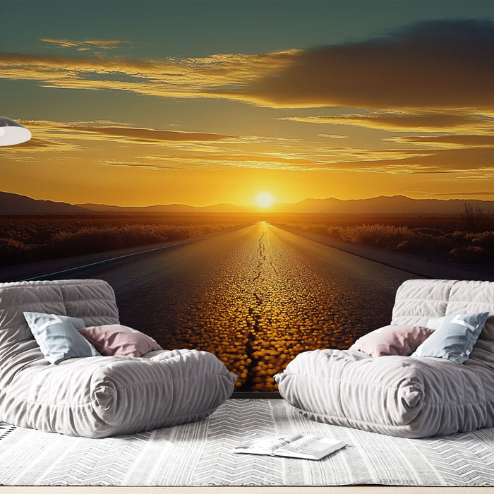 Une pièce moderne avec un papier peint représentant une route désertique au coucher de soleil, créant une ambiance chaleureuse et rêveuse.