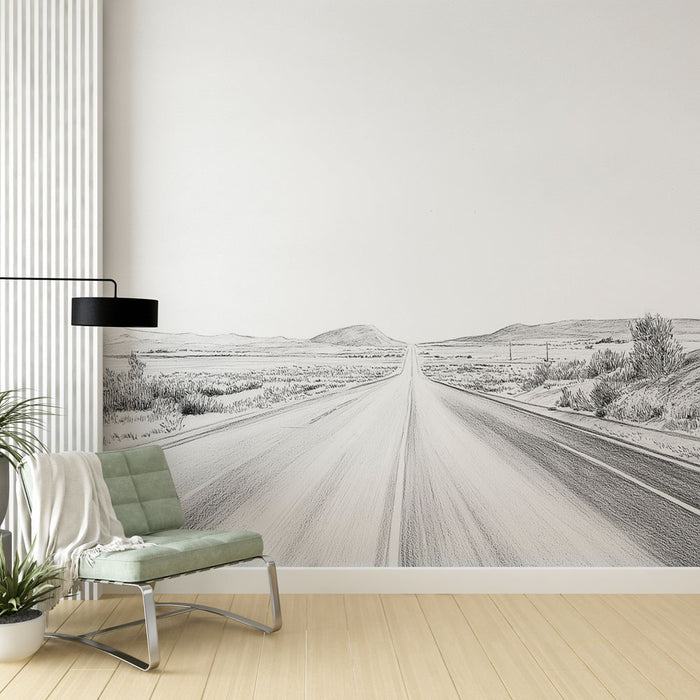 Une pièce moderne avec un papier peint représentant une route dessinée en noir et blanc, évoquant une ambiance minimaliste et contemplative.