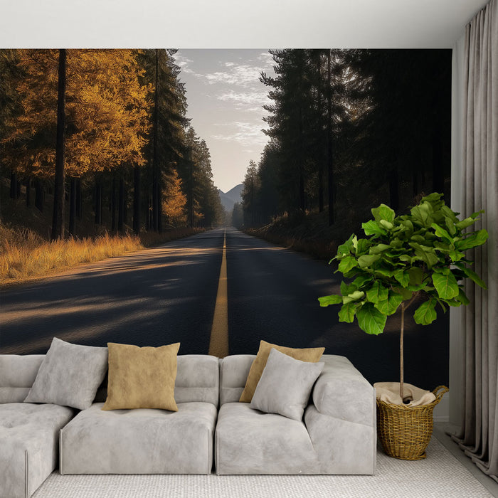 Un salon moderne avec un papier peint représentant une route sinueuse bordée d'arbres aux feuillages dorés, créant une atmosphère chaleureuse et apaisante.