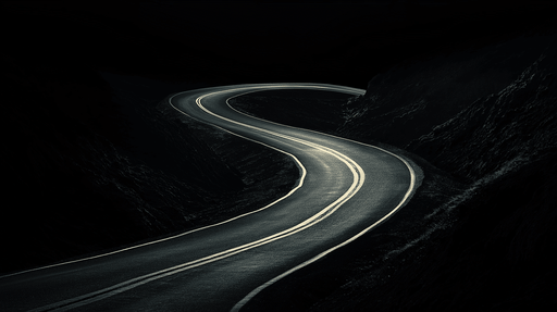 Papier peint paysage routier Route sinueuse éclairée sur fond sombre