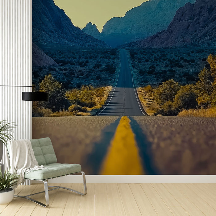 Papier peint paysage routier | Route sinueuse entourée de montagnes et arbres