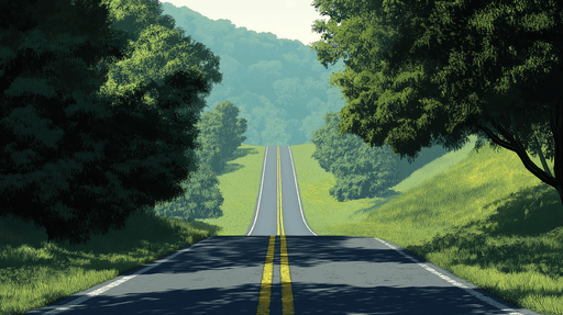 Papier peint paysage routier Une route sinueuse bordée d'arbres et de verdure