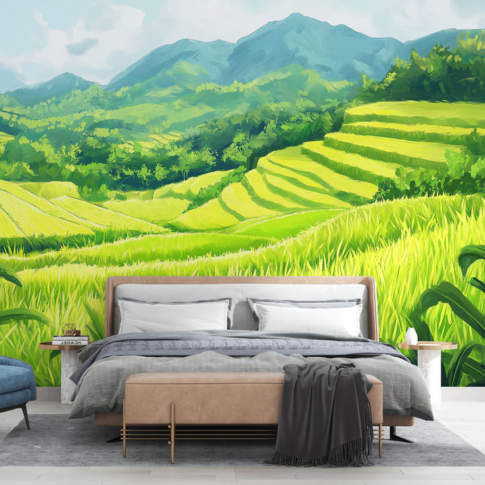 Papier peint paysage rural avec champs de rizières luxuriants et montagnes vertes pour chambre moderne