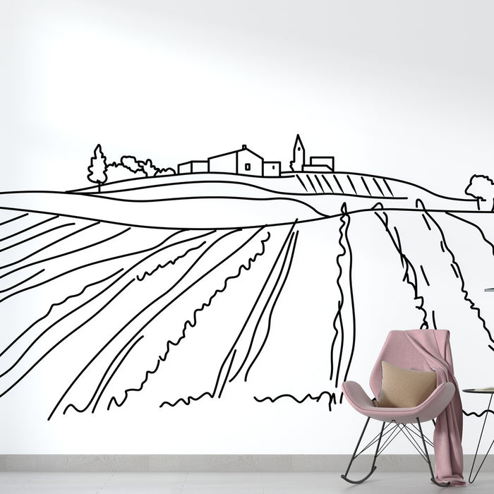 Papier peint paysage rural | Dessin linéaire élégant de collines et maisons