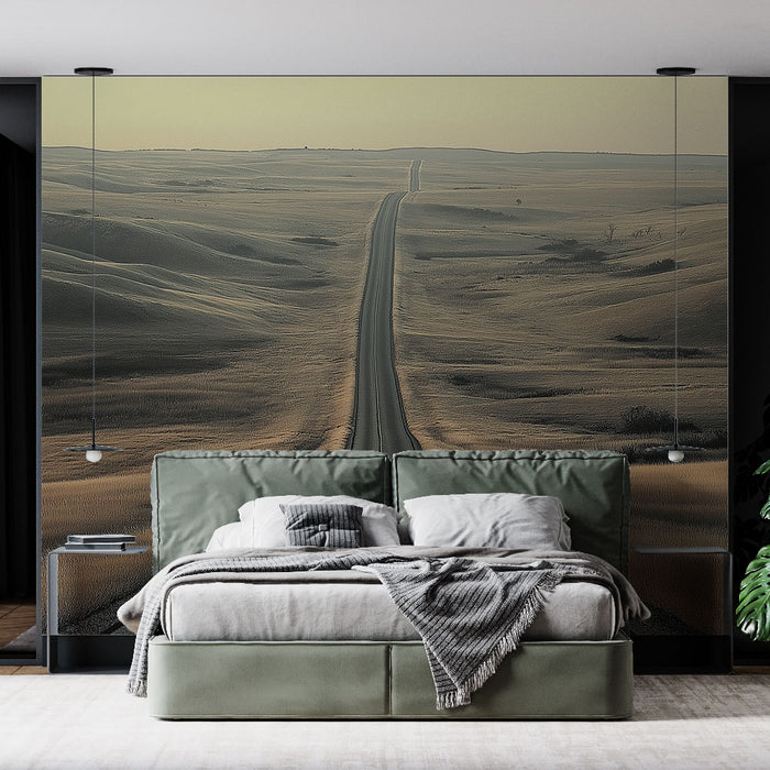 Une chambre moderne avec un papier peint représentant une route désertique s'étendant à l'horizon, créant une atmosphère de sérénité et d'évasion.