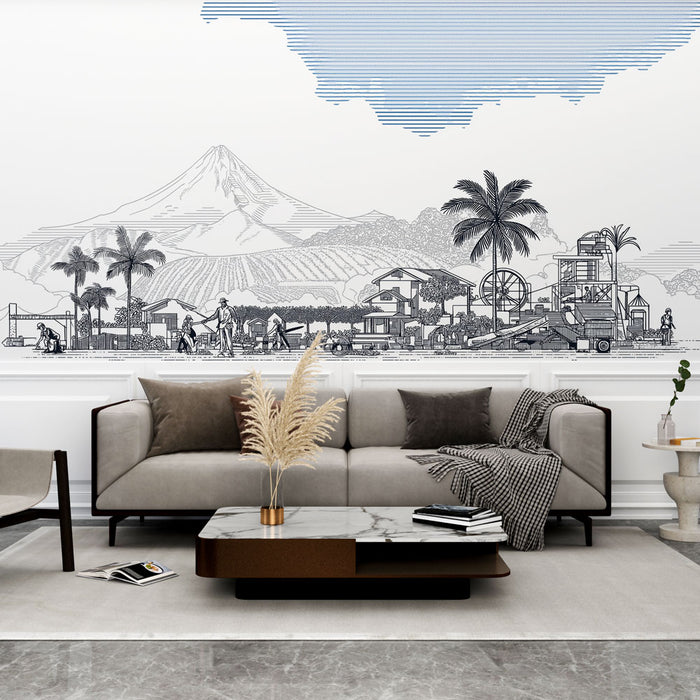 Un salon contemporain avec un papier peint illustratif représentant un paysage rural en noir et blanc, évoquant une ambiance artistique et nostalgique.