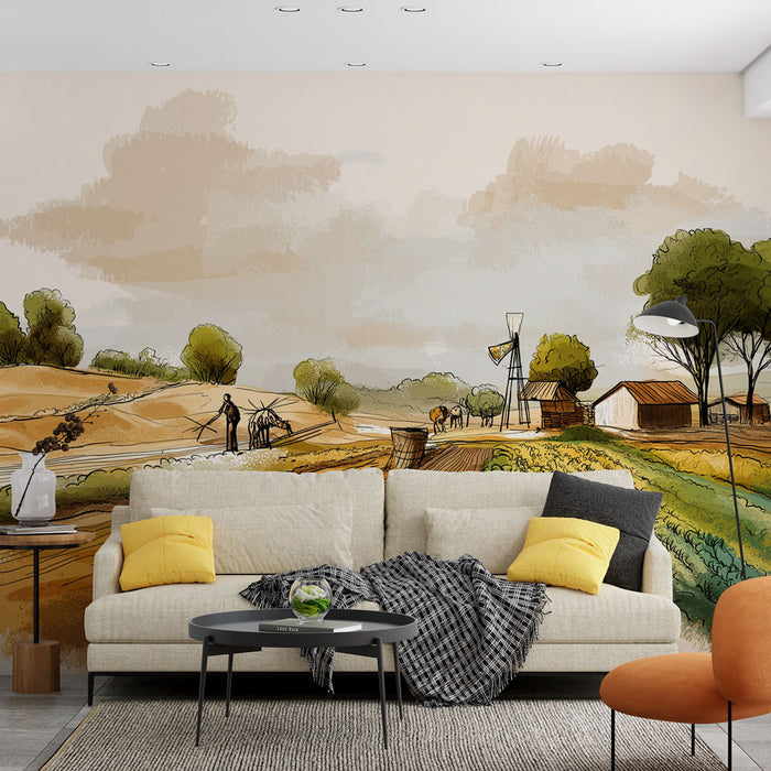 Une salle de séjour contemporaine avec un papier peint illustrant un paysage rural doux, aux teintes beige et verte, créant une atmosphère chaleureuse et apaisante.