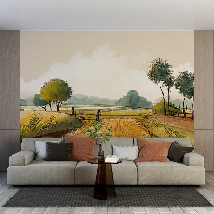 Un salon moderne avec un papier peint illustrant un paysage rural apaisant, où des champs dorés se mêlent à des arbres verdoyants sous un ciel nuageux.