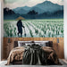 Papier peint paysage rural avec travailleur dans un champ de riz sous la pluie pour décoration murale chambre adulte