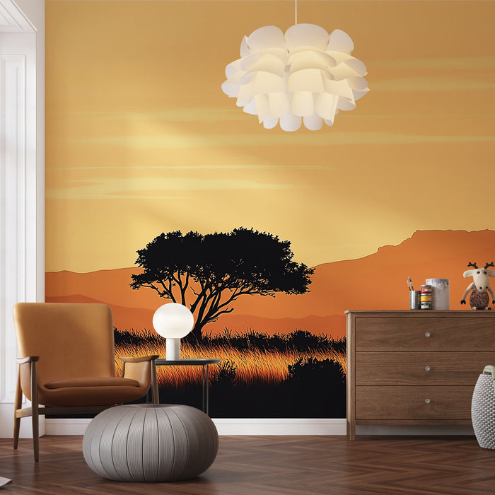 Papier peint paysage sauvage | Silhouette d'animal au coucher de soleil