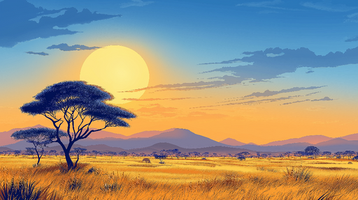 Papier peint paysage savane Coucher de soleil et silhouette d'arbres