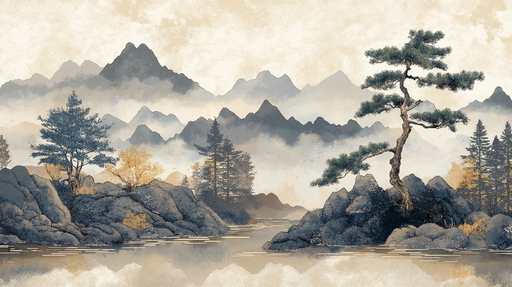 Papier peint paysage serein Montagnes brumeuses et arbres paisibles