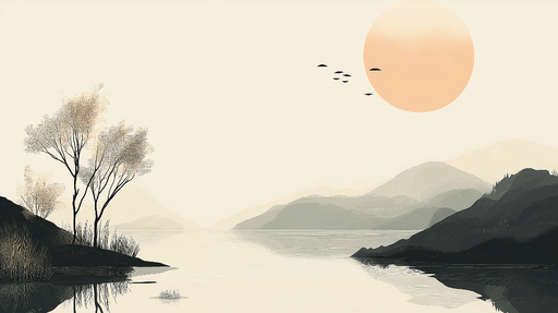 Papier peint paysage serein Silhouette de montagnes et arbres au bord de l'eau