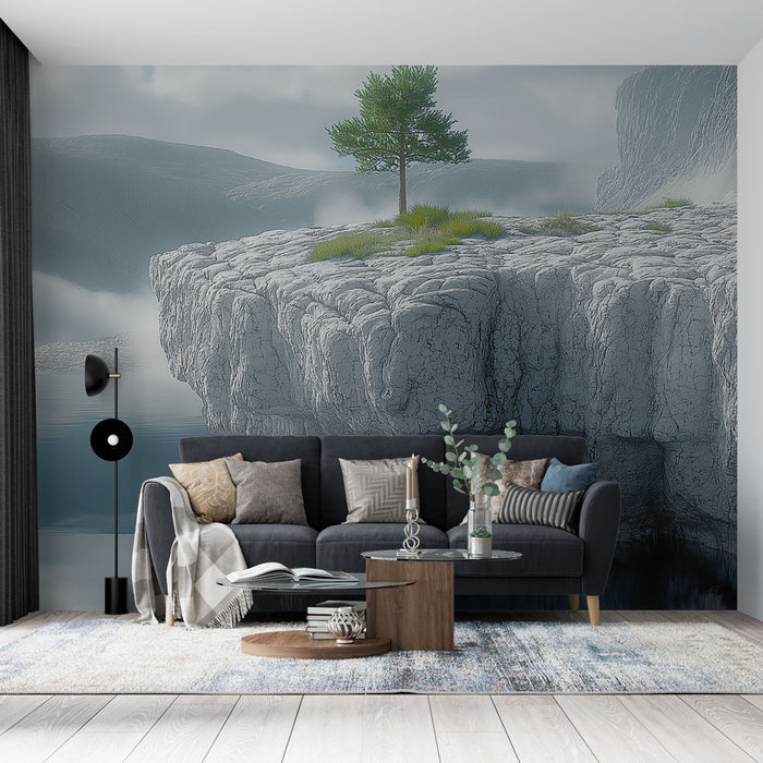 Une pièce moderne avec un papier peint représentant un paysage surréaliste de rochers et d'un arbre solitaire, créant une atmosphère apaisante et contemplative.