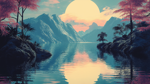 Papier peint paysage surréaliste Montagnes et lac au crépuscule avec des couleurs pastel