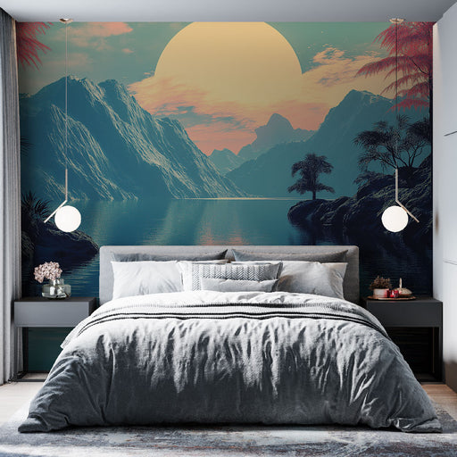 Une chambre moderne avec un papier peint représentant un paysage montagneux au crépuscule, mêlant des teintes de bleu, rose et or, créant une atmosphère sereine et rêveuse.