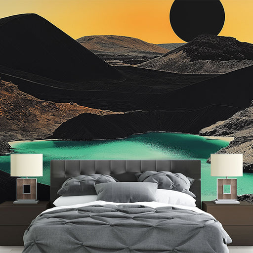 Papier peint paysage surréaliste avec montagnes et lac émeraude pour chambre moderne