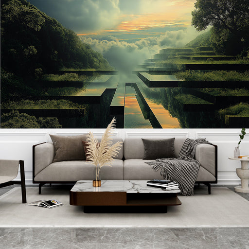 Papier peint paysage surréaliste avec reflets mystérieux dans un décor naturel pour salon moderne
