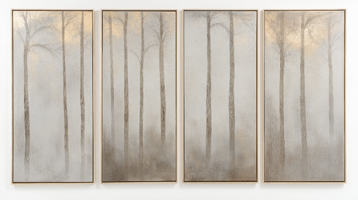 Papier peint paysage sylvestre Forêt brumeuse aux tons doux et dorés