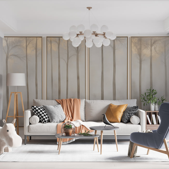 Un salon contemporain avec un papier peint représentant des arbres délicats dans des teintes neutres, créant une atmosphère apaisante et élégante.
