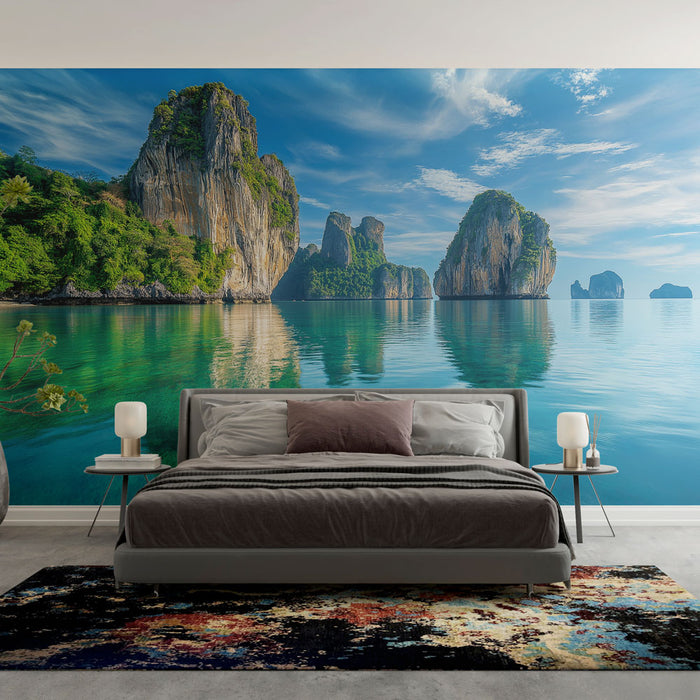 Papier peint paysage thailande | Couchers de soleil et rochers majestueux autour d'une mer turquoise