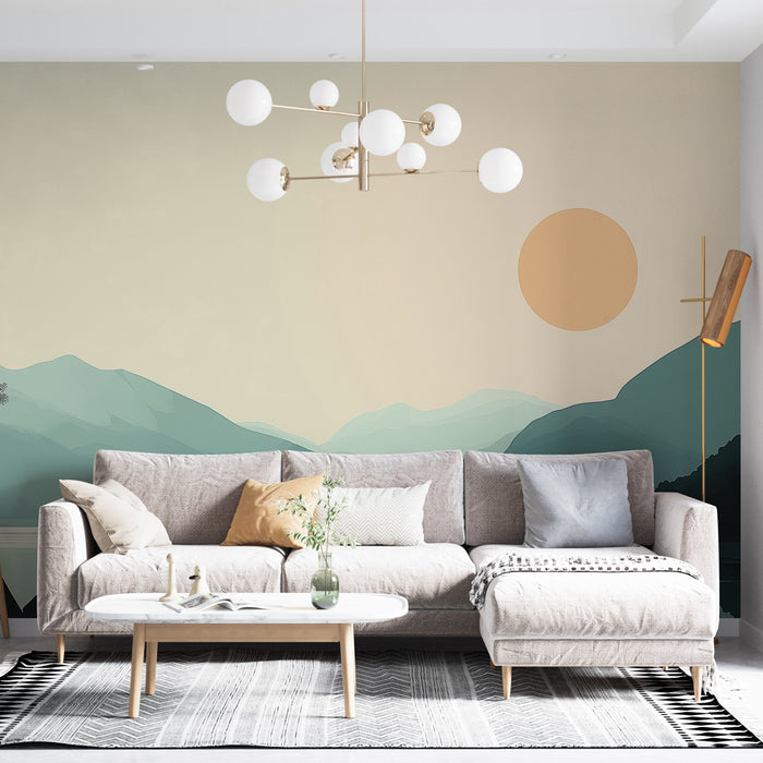 Un salon contemporain avec un papier peint illustrant des montagnes stylisées en dégradés de bleu et un grand soleil orangé, créant une atmosphère apaisante et moderne.