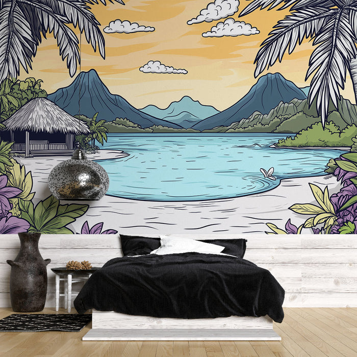 Papier peint paysage tropical | Côte sereine avec montagne et huttes