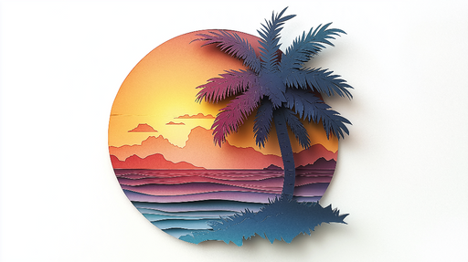Papier peint paysage tropical Décor mural en découpe de papier avec palmier et coucher de soleil