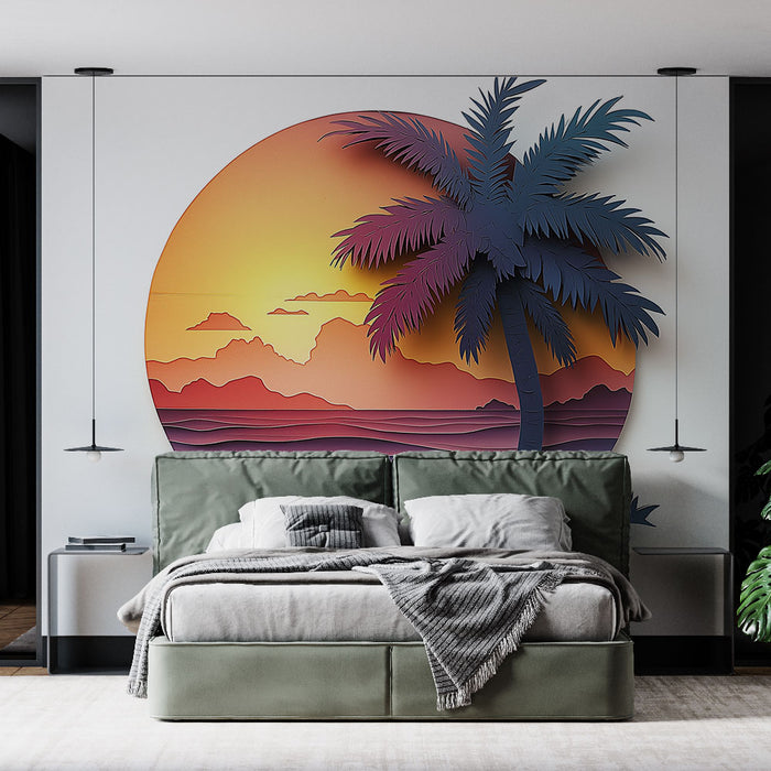 Papier peint paysage tropical avec palmier et coucher de soleil pour décoration murale moderne chambre adulte