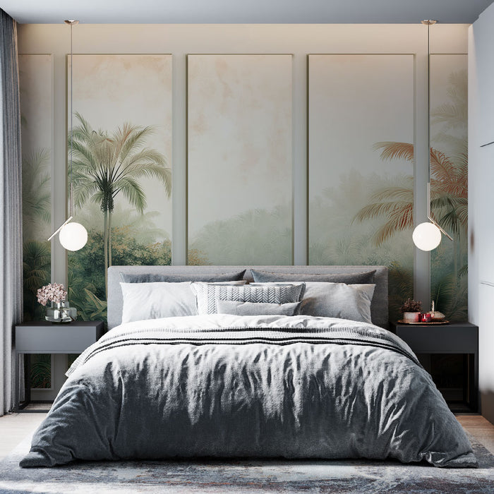 Une chambre moderne avec un papier peint tropical aux teintes douces représentant des palmiers, créant une atmosphère apaisante et naturelle.