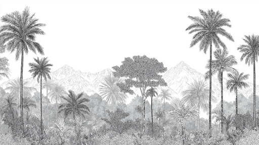 Papier peint paysage tropical en noir et blanc Palmiers et montagnes stylisés