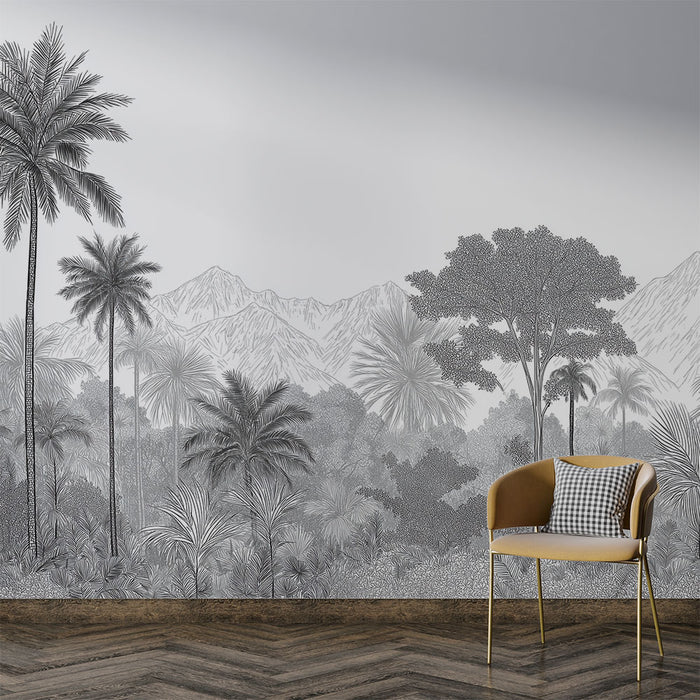 Papier peint paysage tropical en noir et blanc | Palmiers et montagnes stylisés