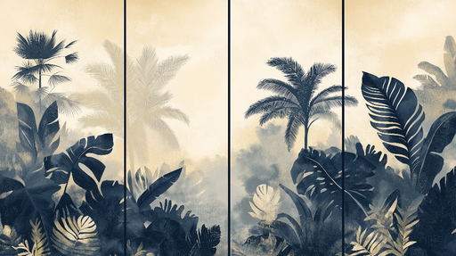 Papier peint paysage tropical Feuilles luxuriantes et nuances dorées