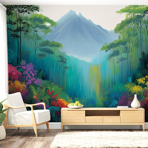 Une pièce moderne avec un papier peint tropical représentant un paysage montagneux vibrant, mêlant des teintes de vert, bleu et des touches florales colorées, créant une atmosphère apaisante et naturelle.