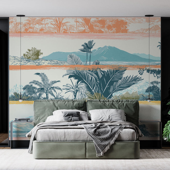 Une chambre moderne avec un papier peint tropical aux motifs de paysages exotiques, mêlant des teintes douces de bleu, orange et vert, créant une atmosphère apaisante et dépaysante.