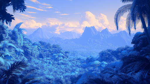Papier peint paysage tropical Montagnes et foliage dans des tons bleus apaisants