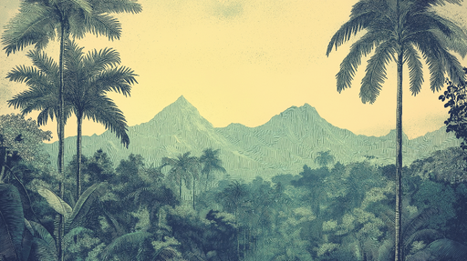 Papier peint paysage tropical Montagnes et Palmiers Stylisés