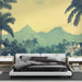 Papier peint paysage tropical avec montagnes et palmiers stylisés pour chambre moderne