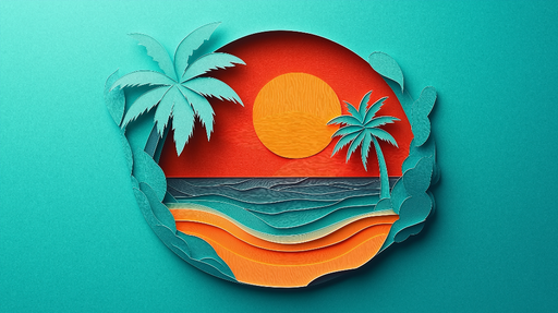 Papier peint paysage tropical Motif coloré de plage avec palmiers et coucher de soleil