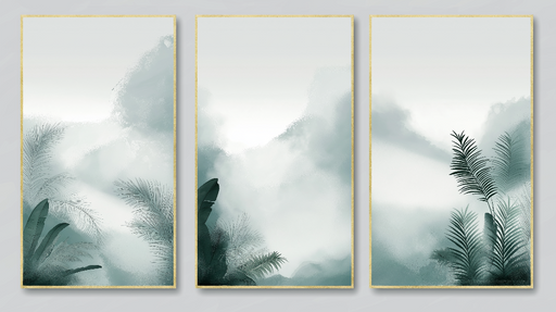 Papier peint paysage tropical Motifs de feuillages et brume subtile