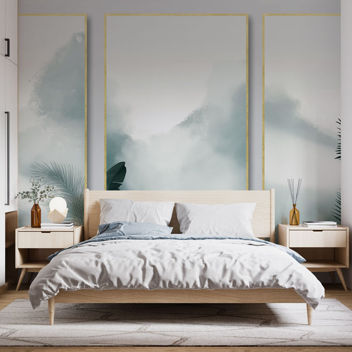 Une chambre moderne avec un papier peint aux nuances douces de bleu et vert, évoquant des formes fluides et une atmosphère apaisante.