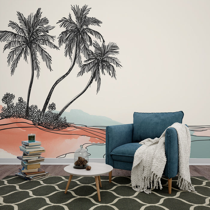 Une pièce moderne avec un papier peint représentant des palmiers en noir sur un fond pastel évoquant une ambiance tropicale et relaxante.